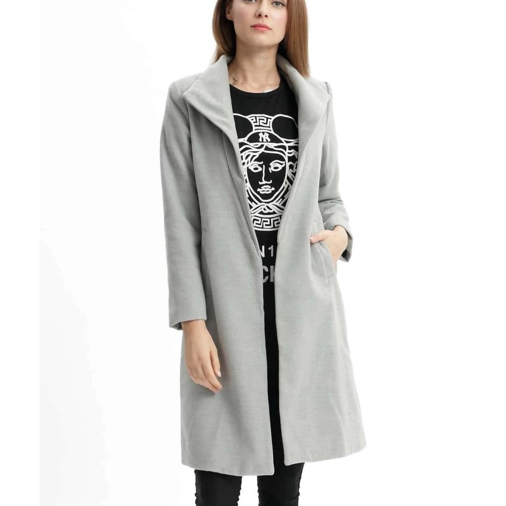 Grey Lapel Long Sleeve Pockets Loose Coat
